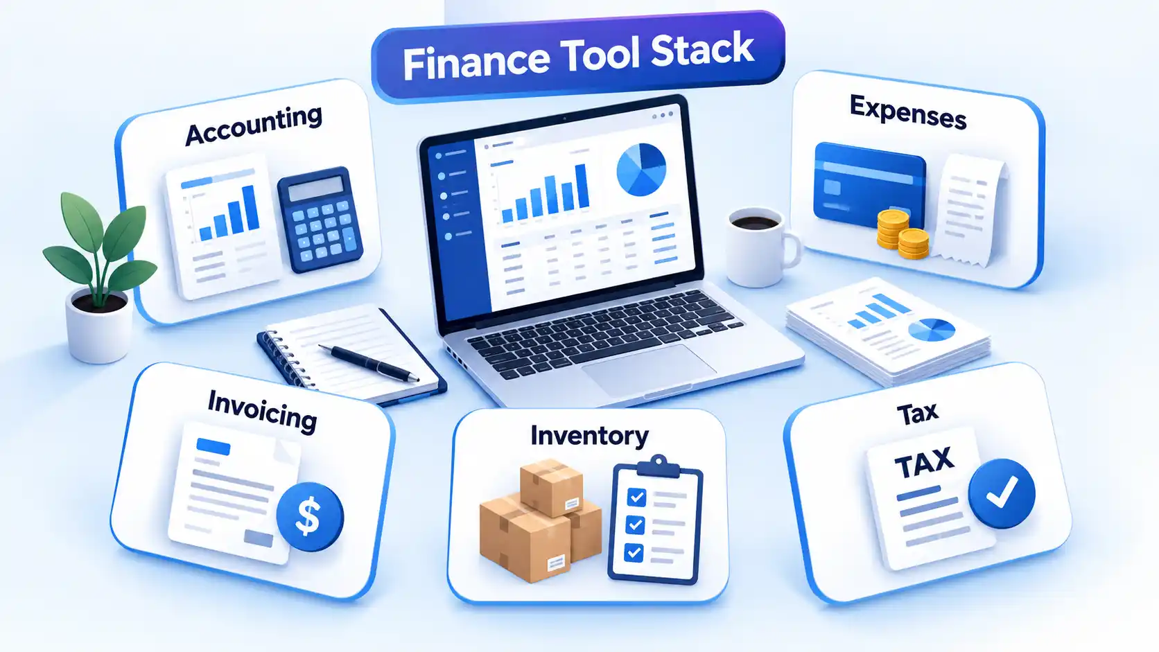 Finance Tool Stack workspace with Accounting, Expenses, Invoicing, Inventory, and Tax cards around a laptop.