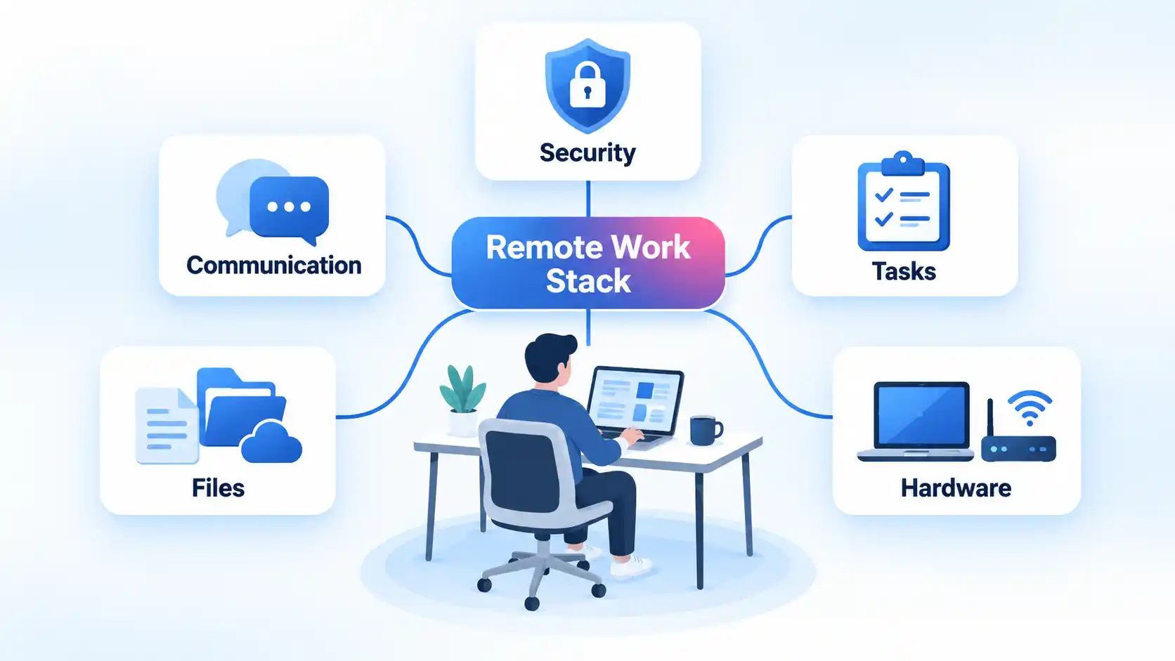 Remote Work Stack hub connects Security, Communication, Tasks, Files, and Hardware around a remote worker.