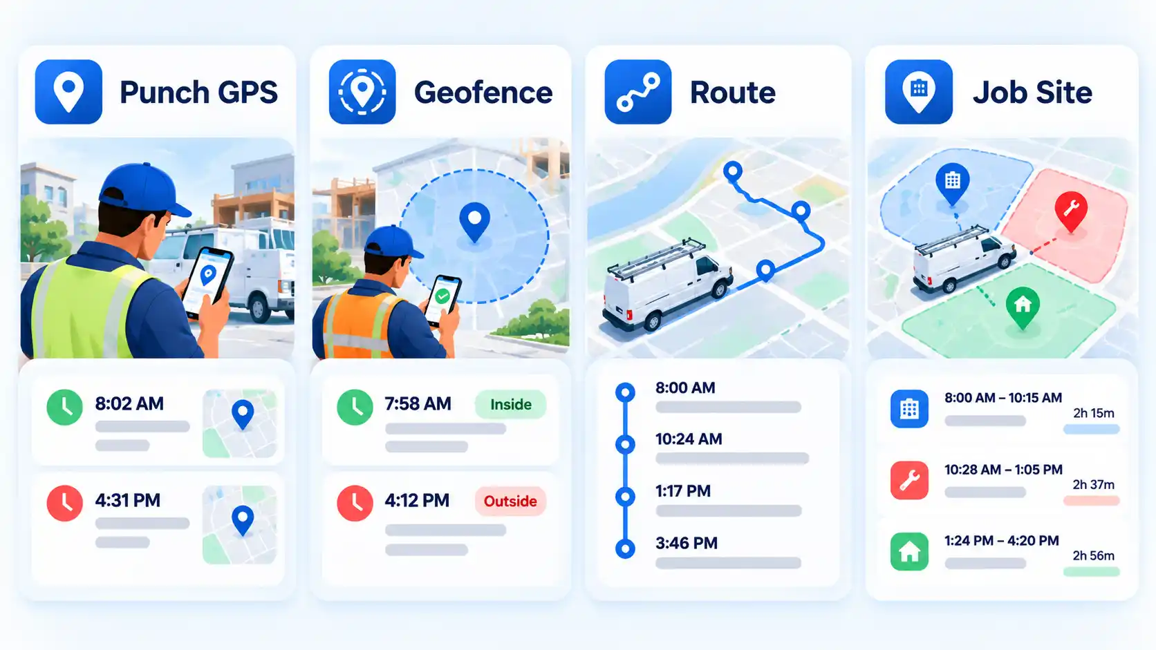 Four tracking models compare Punch GPS, Geofence, Route, and Job Site records for field teams.