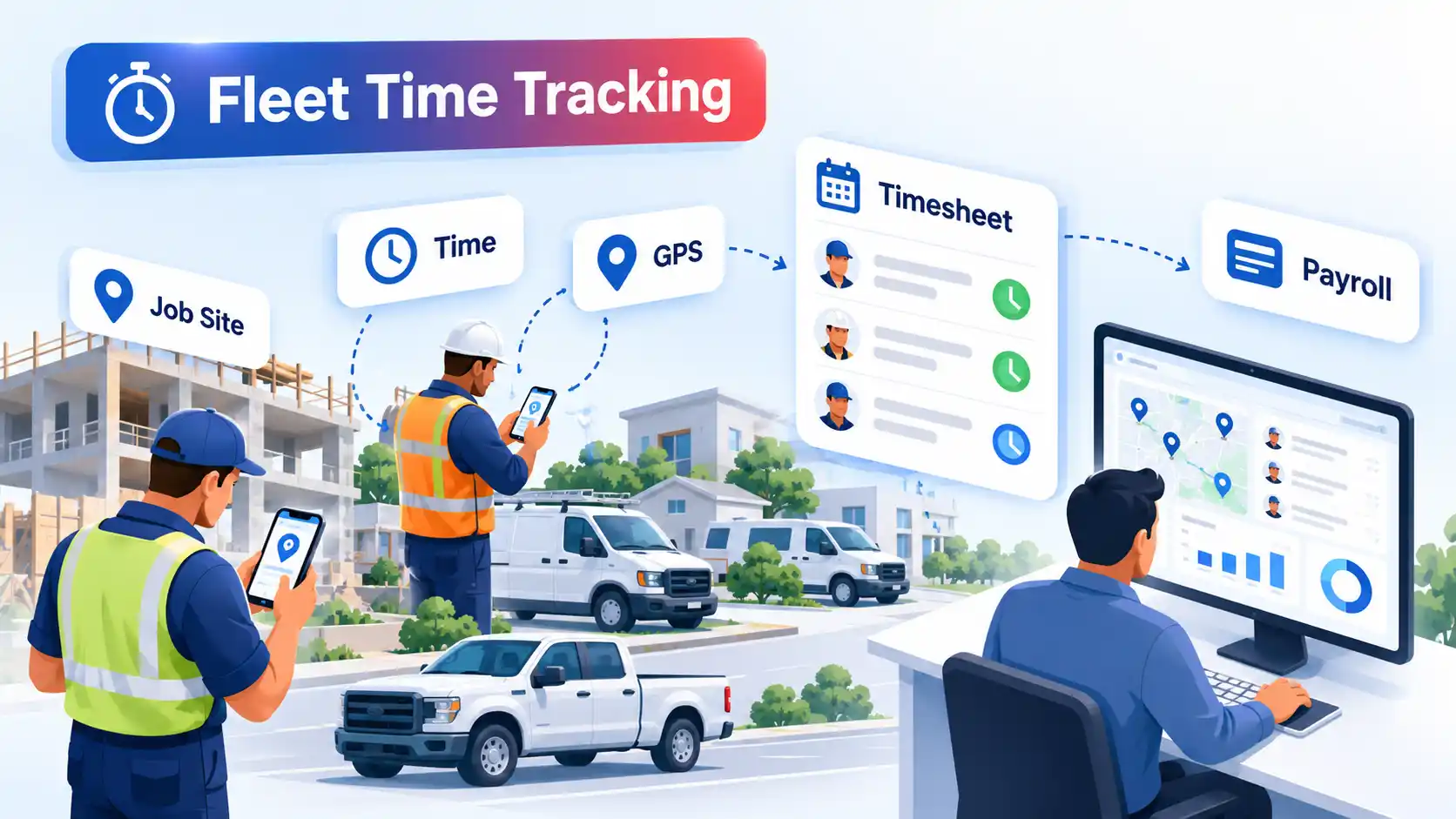 Fleet workers clock time and GPS on phones as timesheets feed a manager dashboard and payroll.