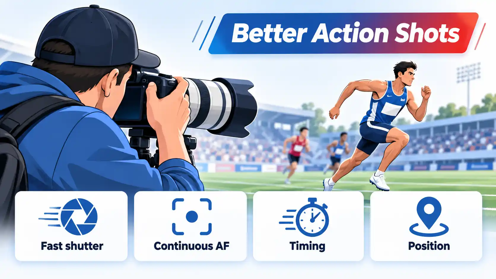 Sports photographer tracks a runner, with cards for Fast shutter, Continuous AF, Timing, and Position.
