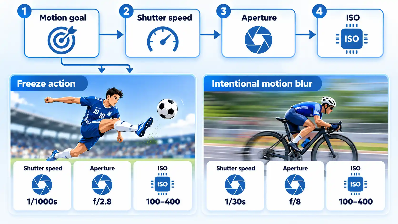Four-step exposure flow branches into Freeze action and Intentional motion blur examples with camera settings.