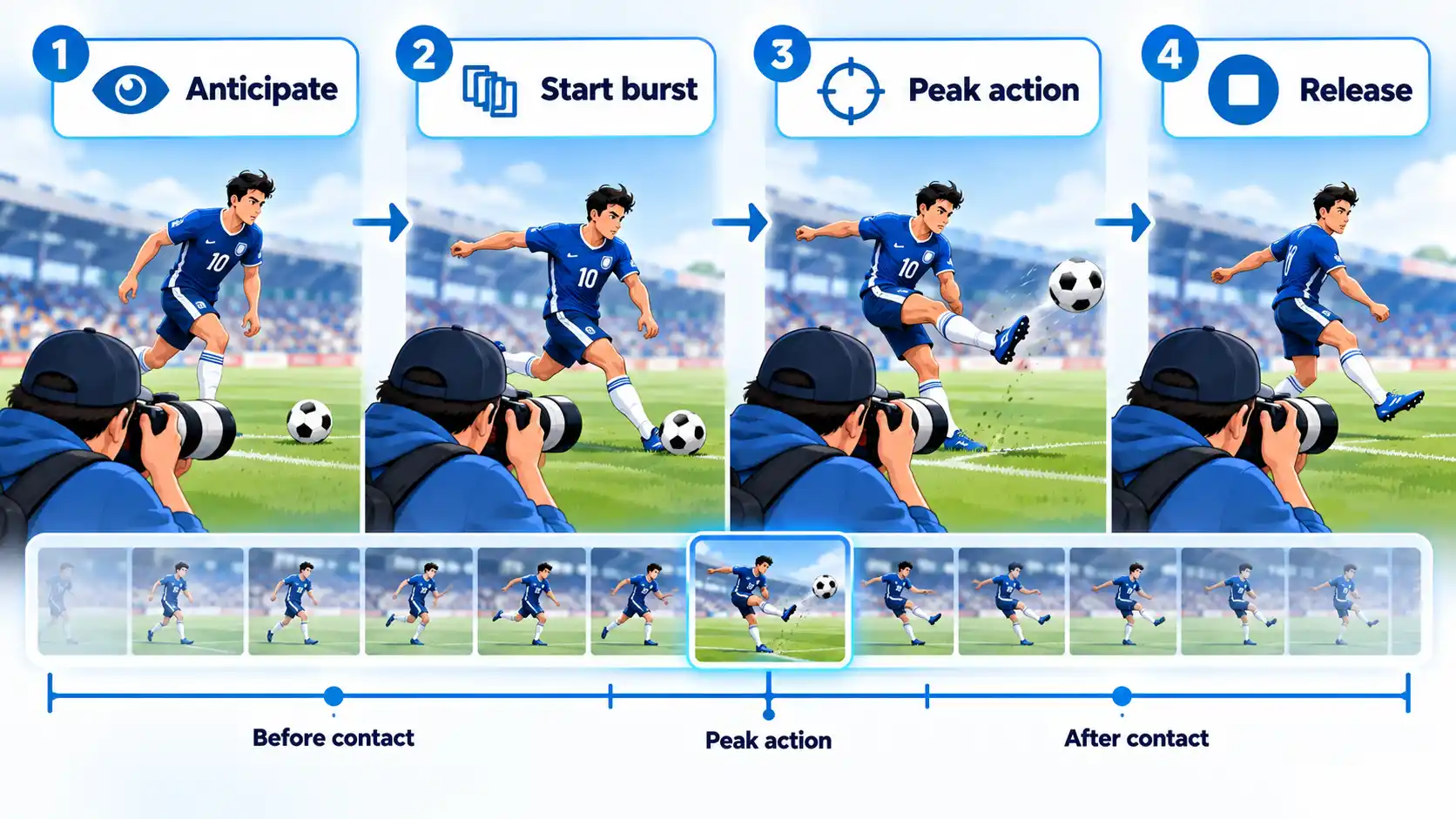 Four-step football kick sequence shows Anticipate, Start burst, Peak action, Release, plus a burst timeline.