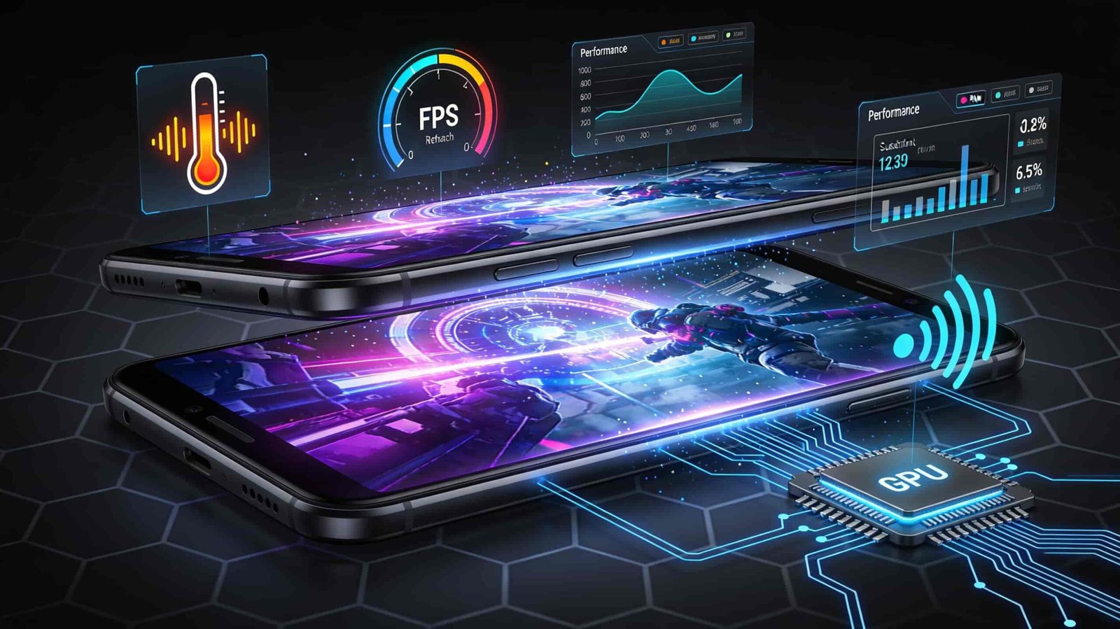 Two smartphones display vibrant gaming graphics and futuristic elements. Nearby icons show CPU temperature, FPS, and performance metrics, conveying high-tech excitement.