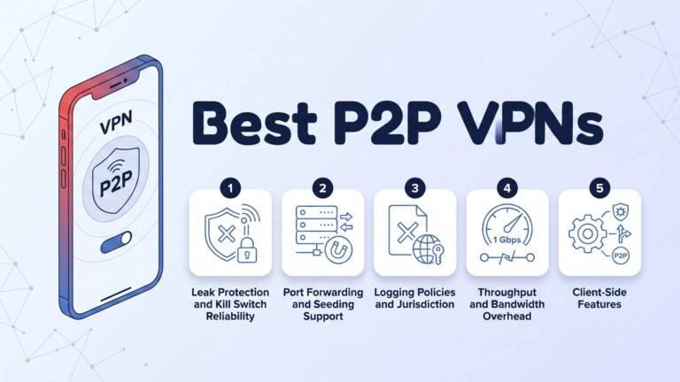 Best P2P VPNs illustration showing a smartphone with a P2P VPN toggle enabled and five evaluation criteria: Leak Protection and Kill Switch Reliability, Port Forwarding and Seeding Support, Logging Policies and Jurisdiction, Throughput and Bandwidth Overhead, and Client-Side Features.