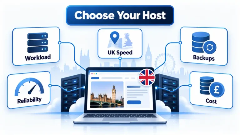 UK hosting selection graphic with a laptop and cards for Workload, Reliability, UK Speed, Backups, and Cost.