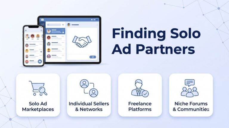 Finding Solo Ad Partners infographic showing solo ad marketplaces, individual sellers and networks, freelance platforms, and niche forums and communities