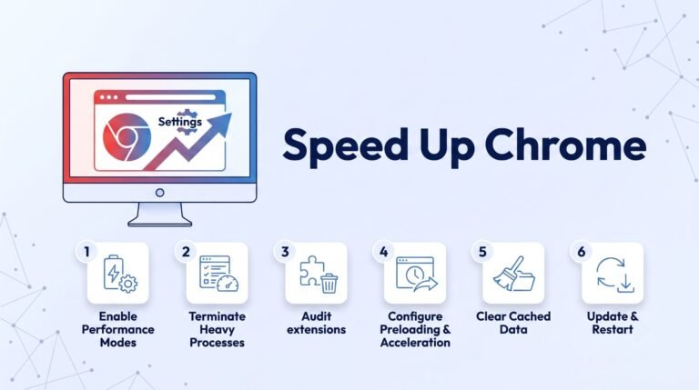 Speed Up Chrome infographic showing six ways to improve browser performance: enable performance modes, terminate heavy processes, audit extensions, configure preloading and acceleration, clear cached data, and update then restart.
