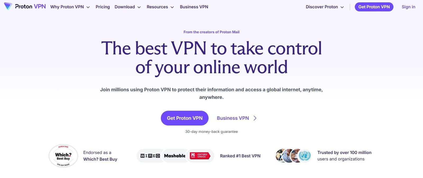 Proton VPN homepage hero section with the tagline 'The best VPN to take control of your online world', Get Proton VPN and Business VPN buttons, 30-day money-back guarantee, and trust badges from Which? Best Buy, Wired, Mashable, and PCMag Editors' Choice.