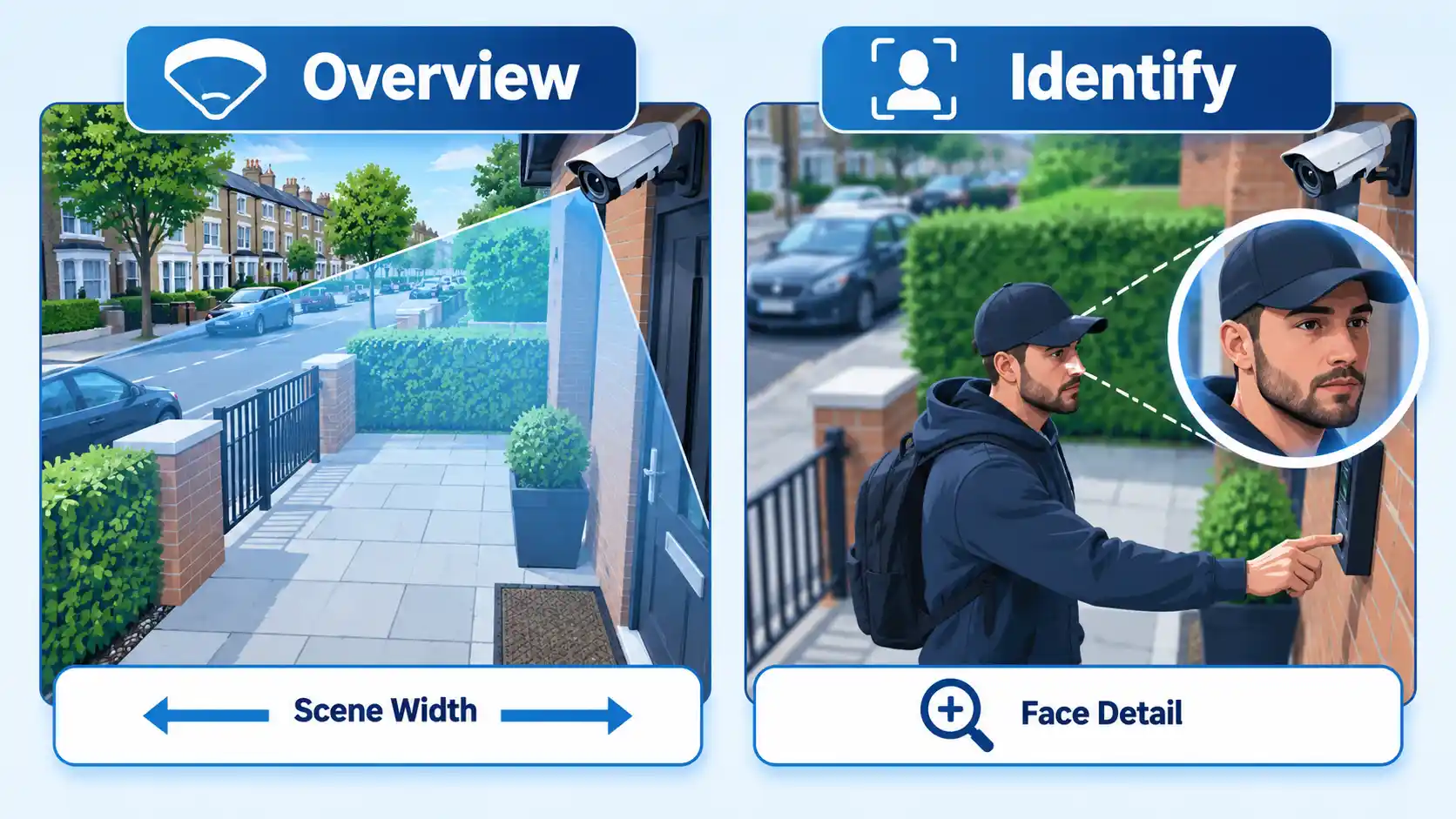 CCTV comparison showing a wide Overview and tighter Identify view with Scene Width and Face Detail labels.