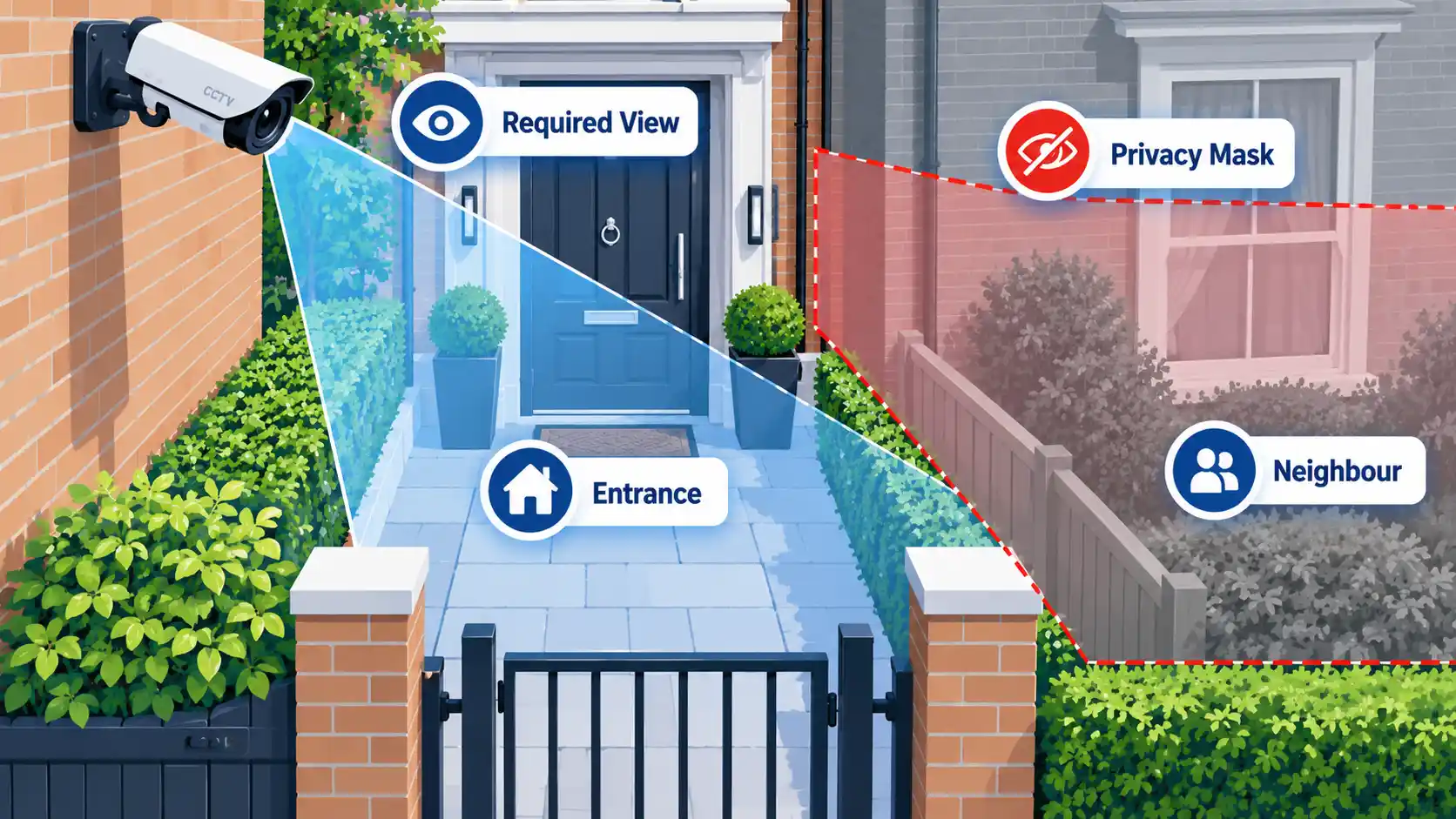 CCTV camera covers an Entrance while a neighbouring window and garden are excluded by a Privacy Mask.