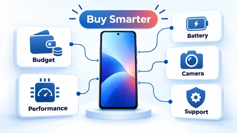 Smartphone connected to Budget, Performance, Battery, Camera, and Support cards under a Buy Smarter badge.