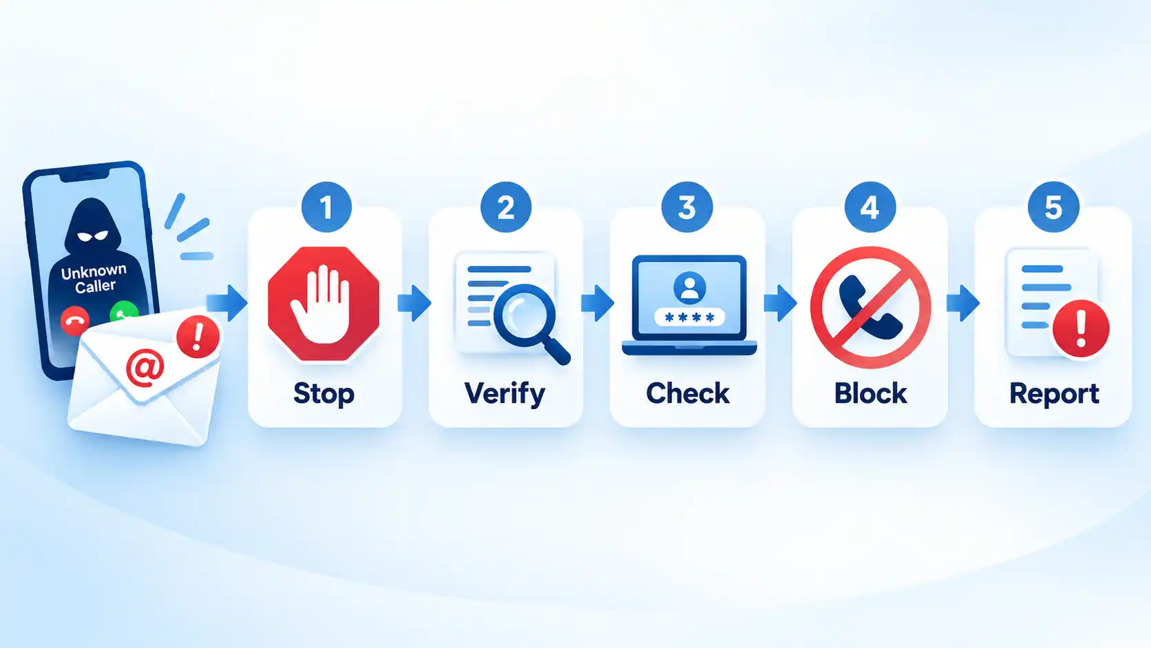 Suspicious call and email flow through numbered Stop, Verify, Check, Block, and Report steps.