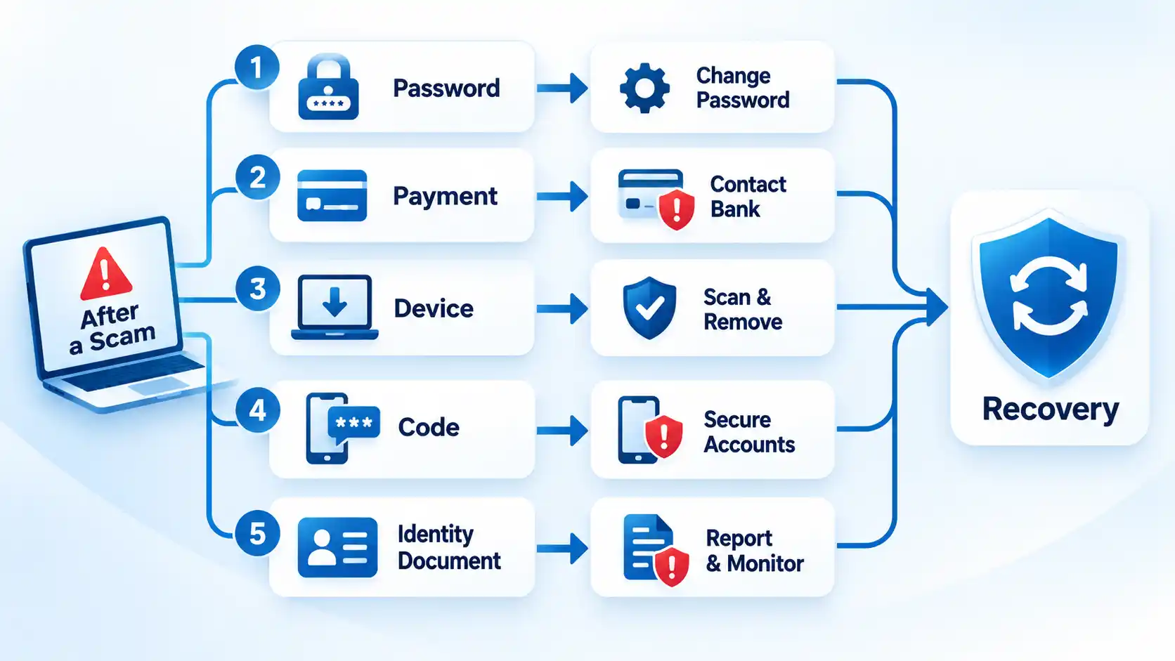 Password, Payment, Device, Code, and Identity Document branches lead through recovery actions to Recovery.