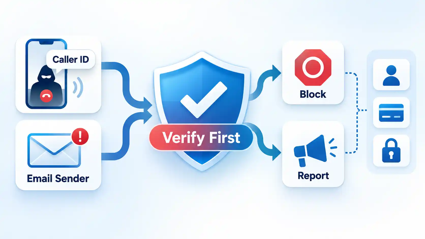 Caller ID and Email Sender flow into Verify First shield, then Block and Report cards protecting account data.