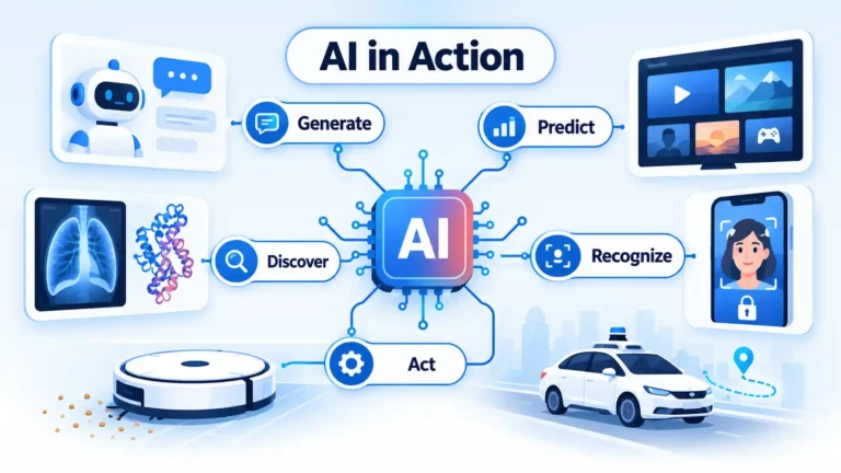 AI in Action hub links an AI chip to Generate, Predict, Recognize, Act, and Discover examples.