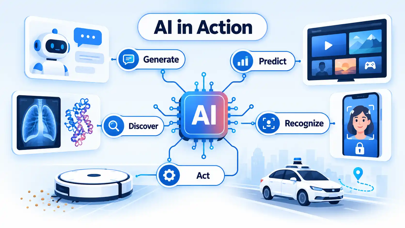 AI in Action hub links an AI chip to Generate, Predict, Recognize, Act, and Discover examples.