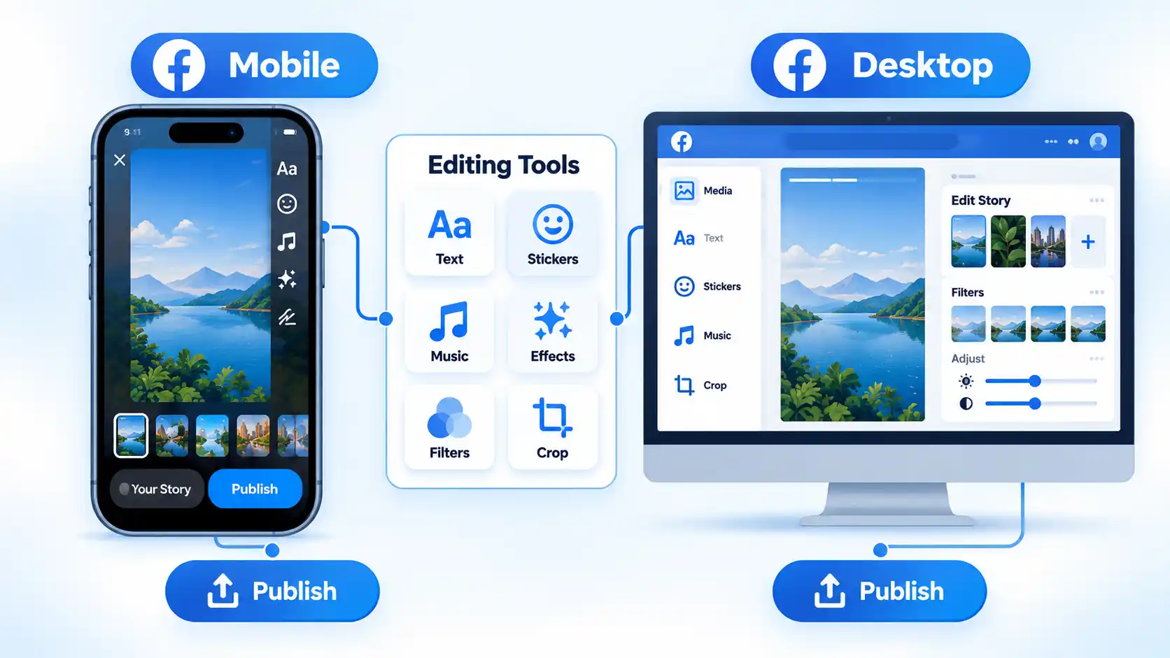 Mobile and Desktop Facebook Story editors compared with Editing Tools and Publish controls.