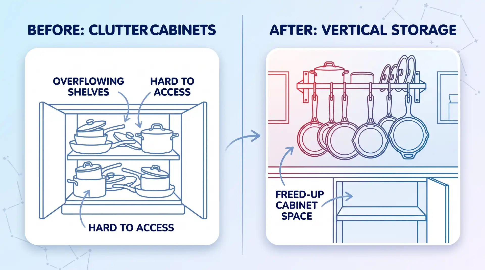 Split diagram comparing cluttered cabinets (labeled 'Before') with an organized wall-mounted pot rack (labeled 'After').