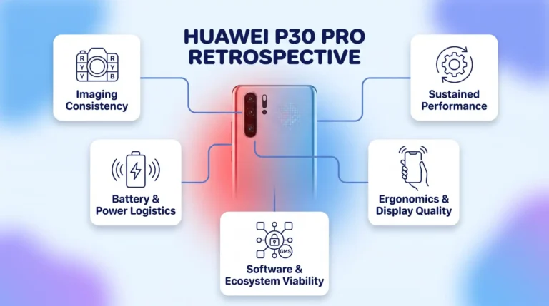 A clean tech infographic with a stylized Huawei P30 Pro in the center. Five rounded white cards with icons surround it, labeled "Imaging Consistency," "Sustained Performance," "Battery & Power Logistics," "Ergonomics & Display Quality," and "Software & Ecosystem Viability." The title at the top reads "HUAWEI P30 PRO RETROSPECTIVE." The background is a soft blue-to-white mesh gradient with a red glow on the left.