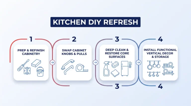 A feature header image showing a 4-step diagram for a 'KITCHEN DIY REFRESH' in blue and white line art on a gradient background.