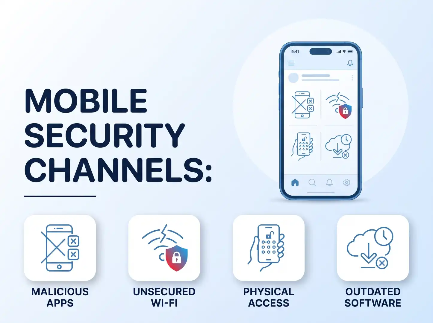 A clean, light-blue to white gradient graphic showing four mobile security categories as unnumbered icon cards and a hero device.