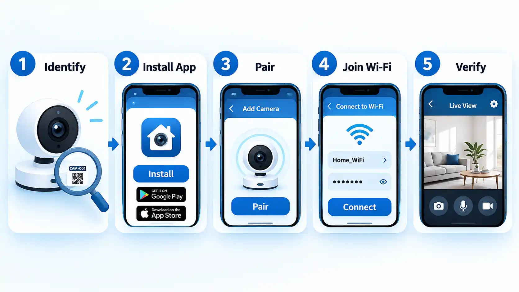 Five-step camera setup showing Identify, Install App, Pair, Join Wi-Fi and Verify on phones.
