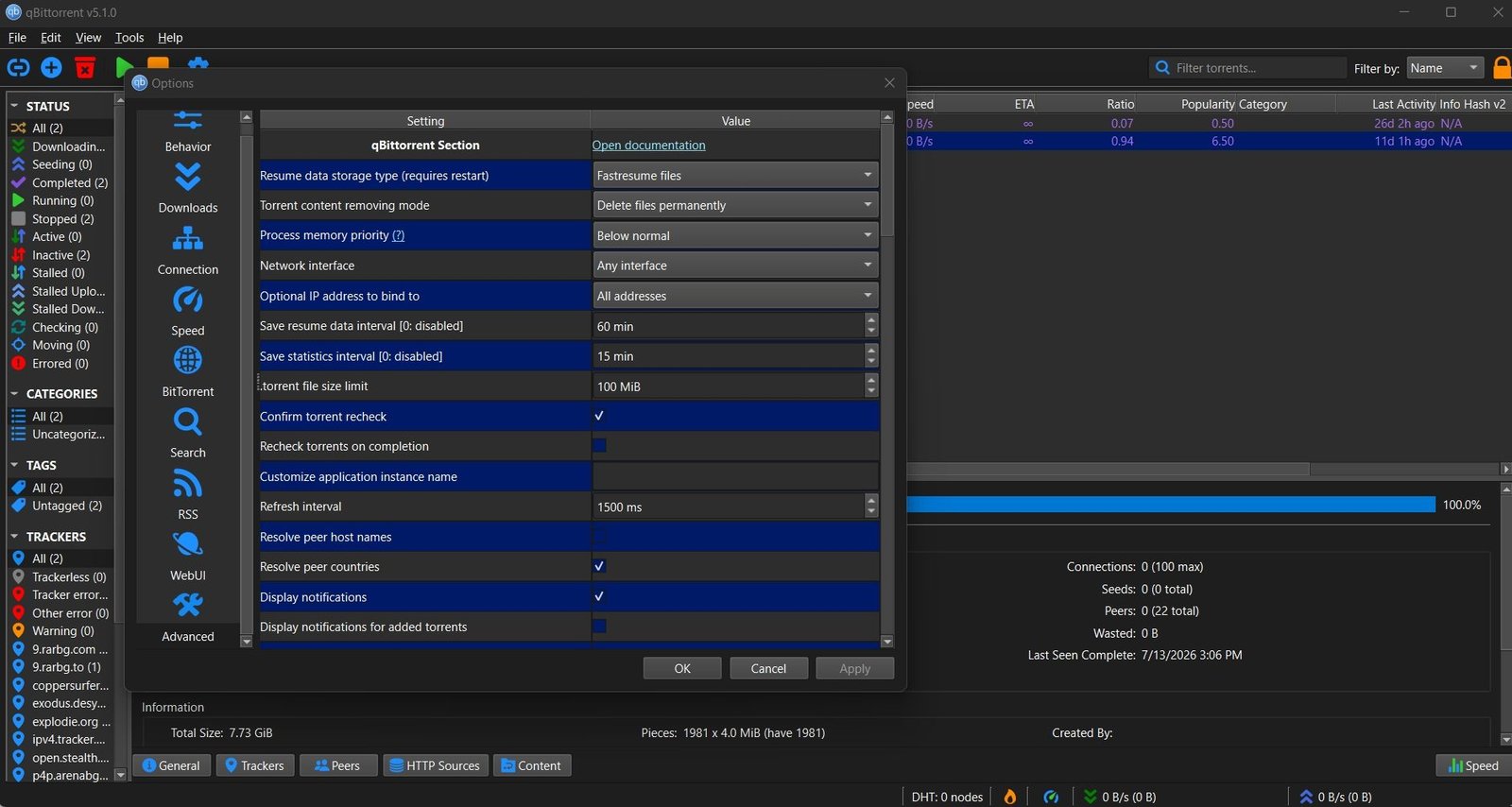 qBittorrent v5.1.0 Advanced Options settings panel showing configuration values for resume data storage, torrent removing mode, process memory priority, network interface, save intervals, and notification settings, with OK, Cancel, and Apply buttons.