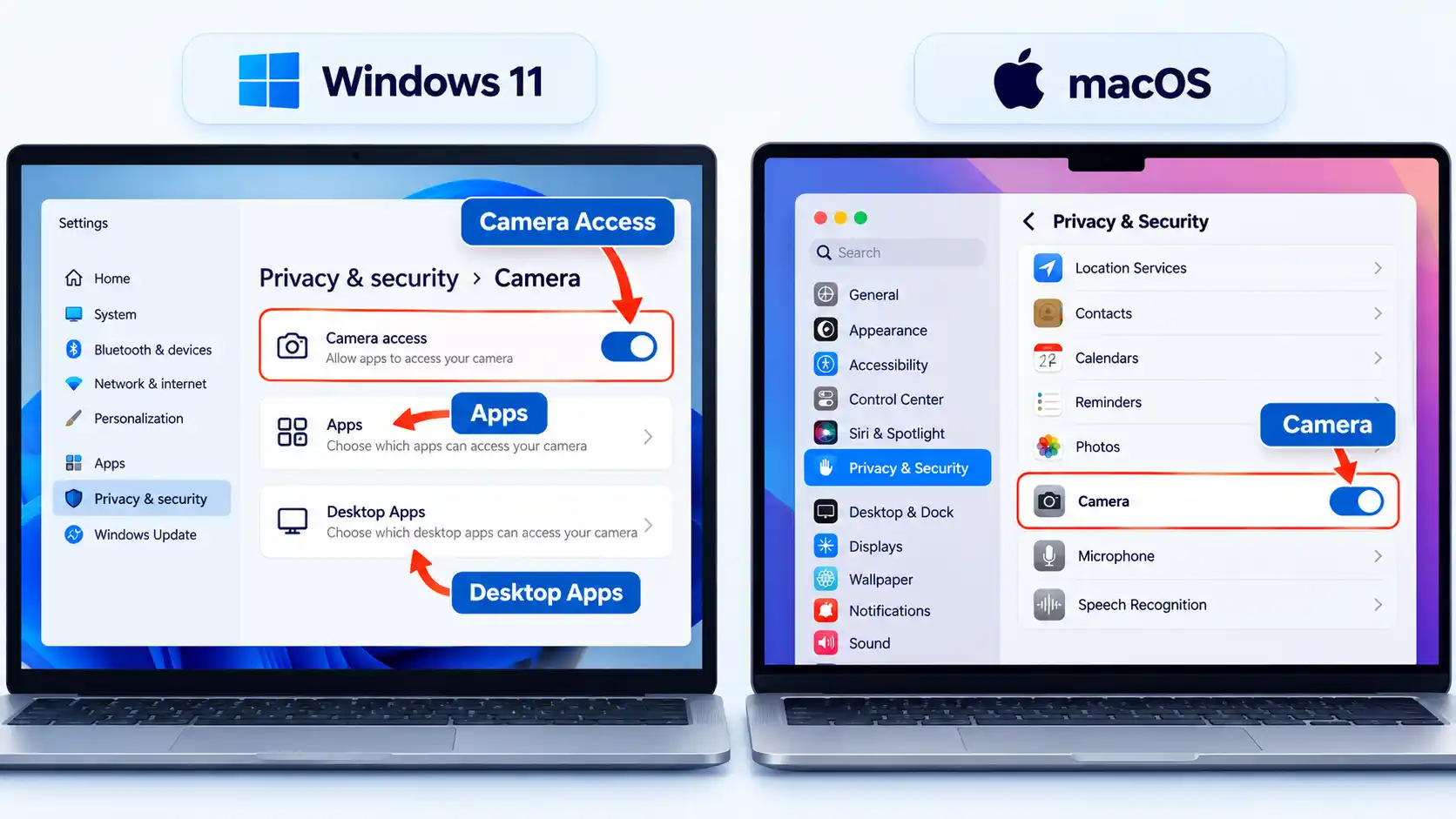 Windows 11 and macOS camera privacy settings with Camera Access, Apps and Camera controls highlighted.