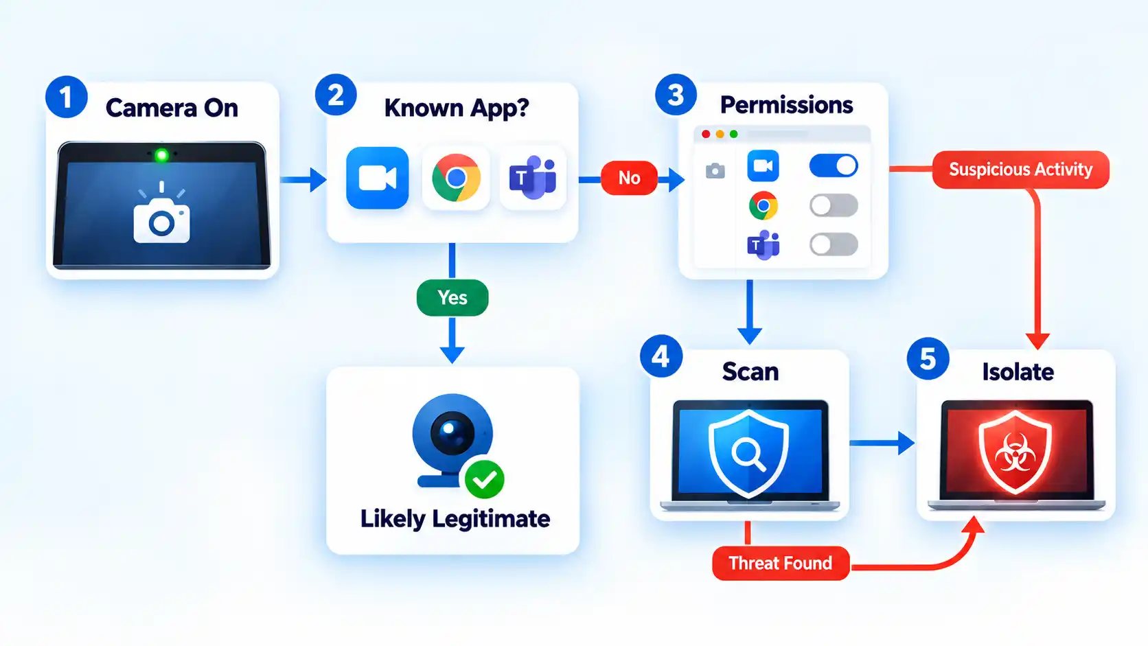 Numbered webcam diagnostic flow from Camera On and Known App? through Permissions and Scan to Isolate.