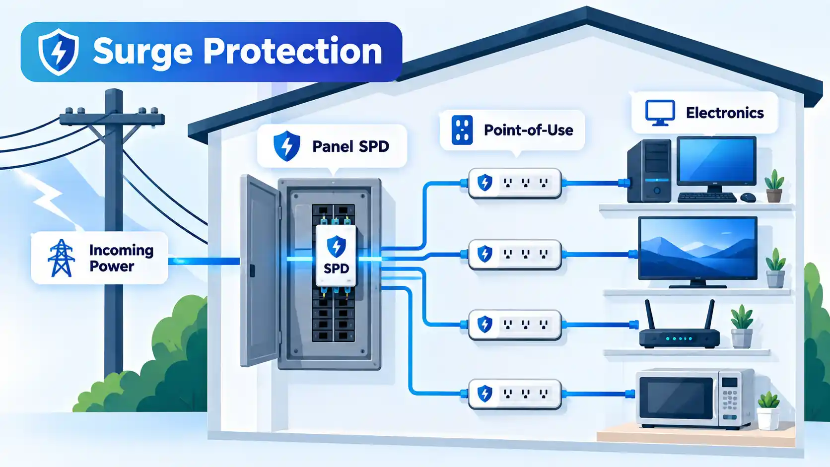 Surge Protection layout with incoming power, panel SPD, point-of-use protectors, and home electronics.