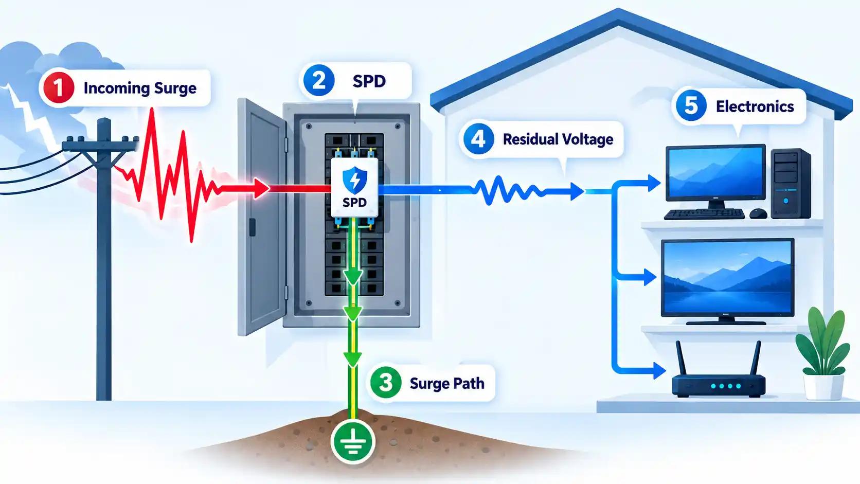 Incoming Surge reaches an SPD, which diverts a Surge Path while Residual Voltage continues to Electronics.