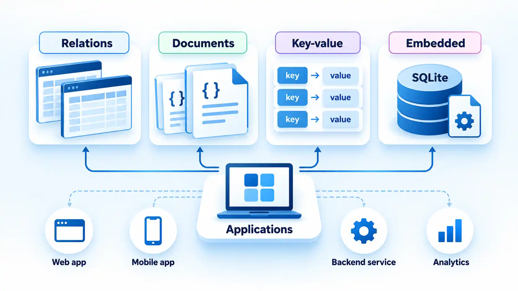 Applications hub connects Relations, Documents, Key-value, and Embedded storage to web, mobile, backend, and analytics.