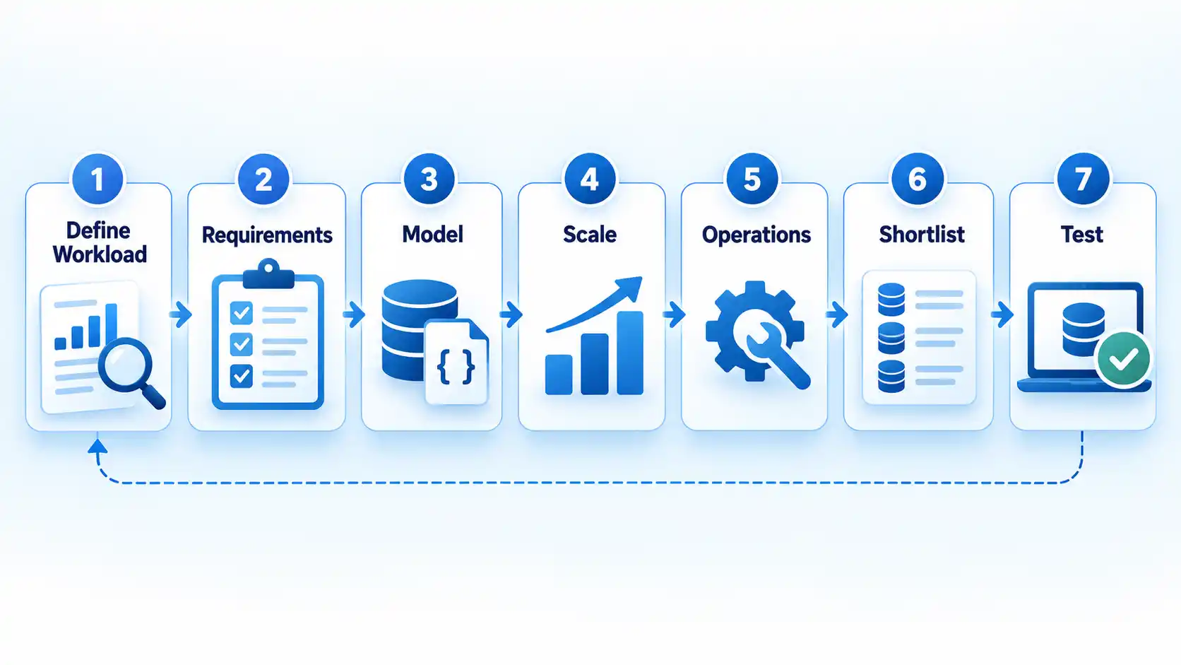Seven-step workflow runs from Define Workload through Requirements, Model, Scale, Operations, Shortlist, and Test.
