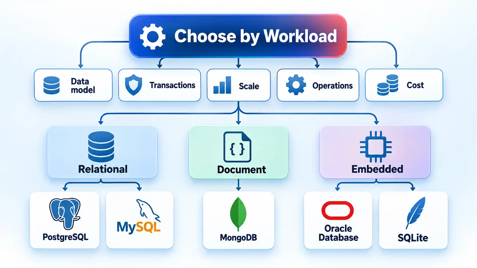 Workload criteria branch to database models, with PostgreSQL, MySQL, MongoDB, Oracle Database, and SQLite examples.