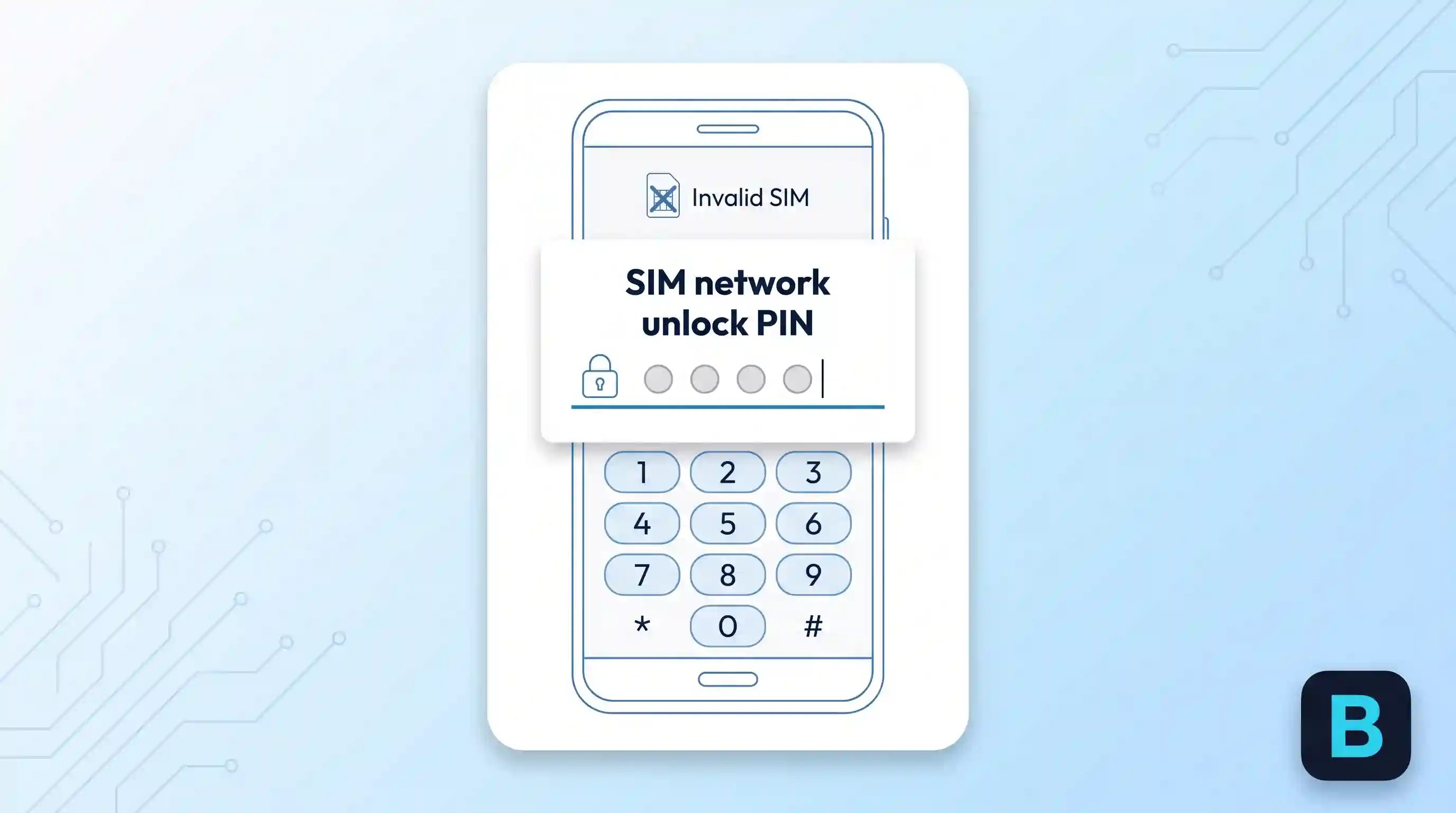 Illustration of an Android phone screen displaying the "SIM network unlock PIN" prompt over a numerical keypad, indicated by a locked padlock icon.