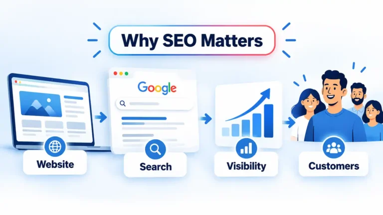 Why SEO Matters flow showing Website, Search, Visibility, and Customers connected by arrows
