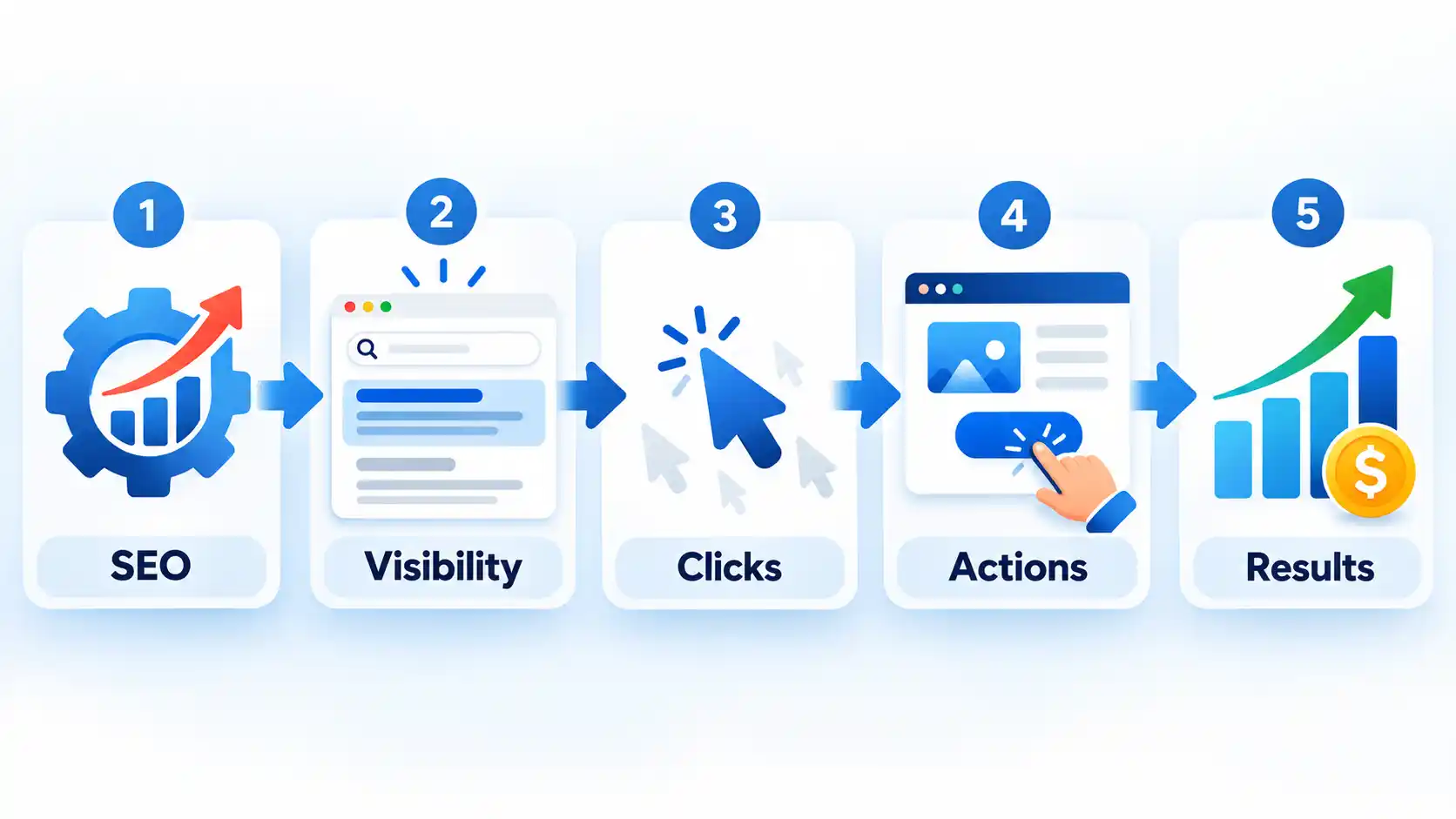 Five-step SEO flow showing SEO, Visibility, Clicks, Actions, and Results connected in sequence