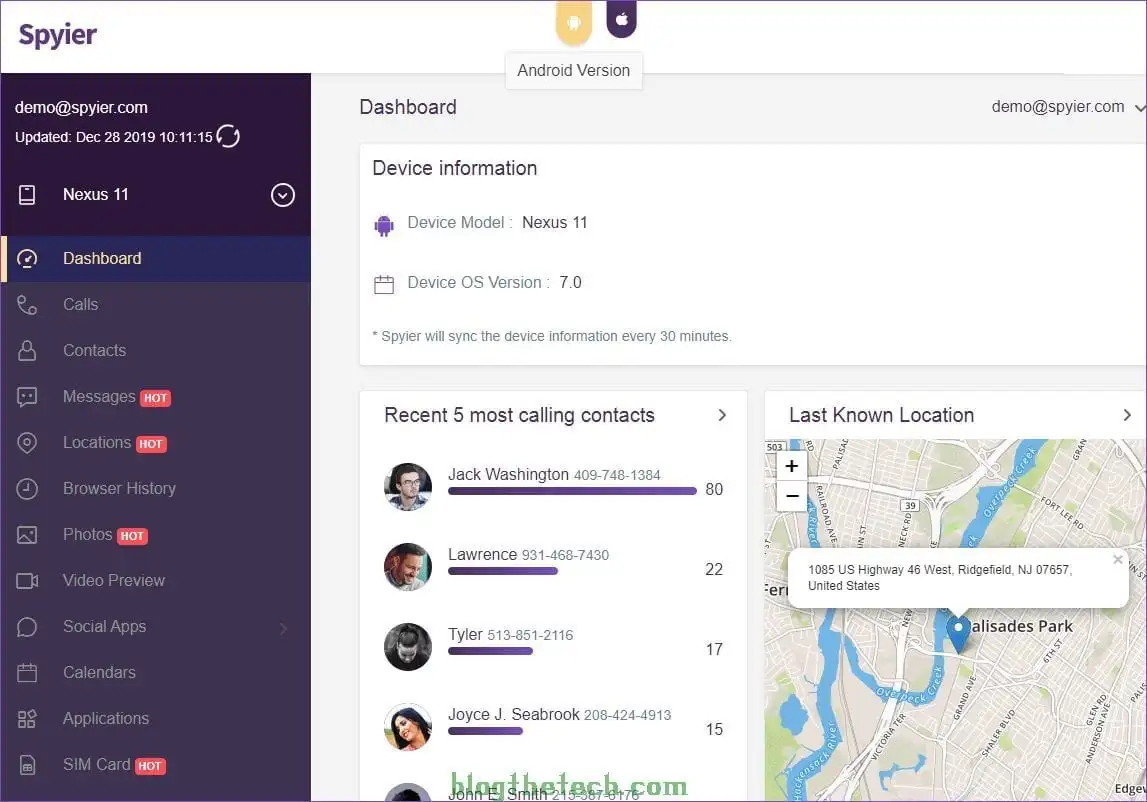 A screenshot of the Spyier mobile tracking application interface showing the dashboard for a demo user. It includes sections for device information, recent calling contacts with names and phone numbers, and a map indicating the last known location. The interface has a purple and white color scheme.