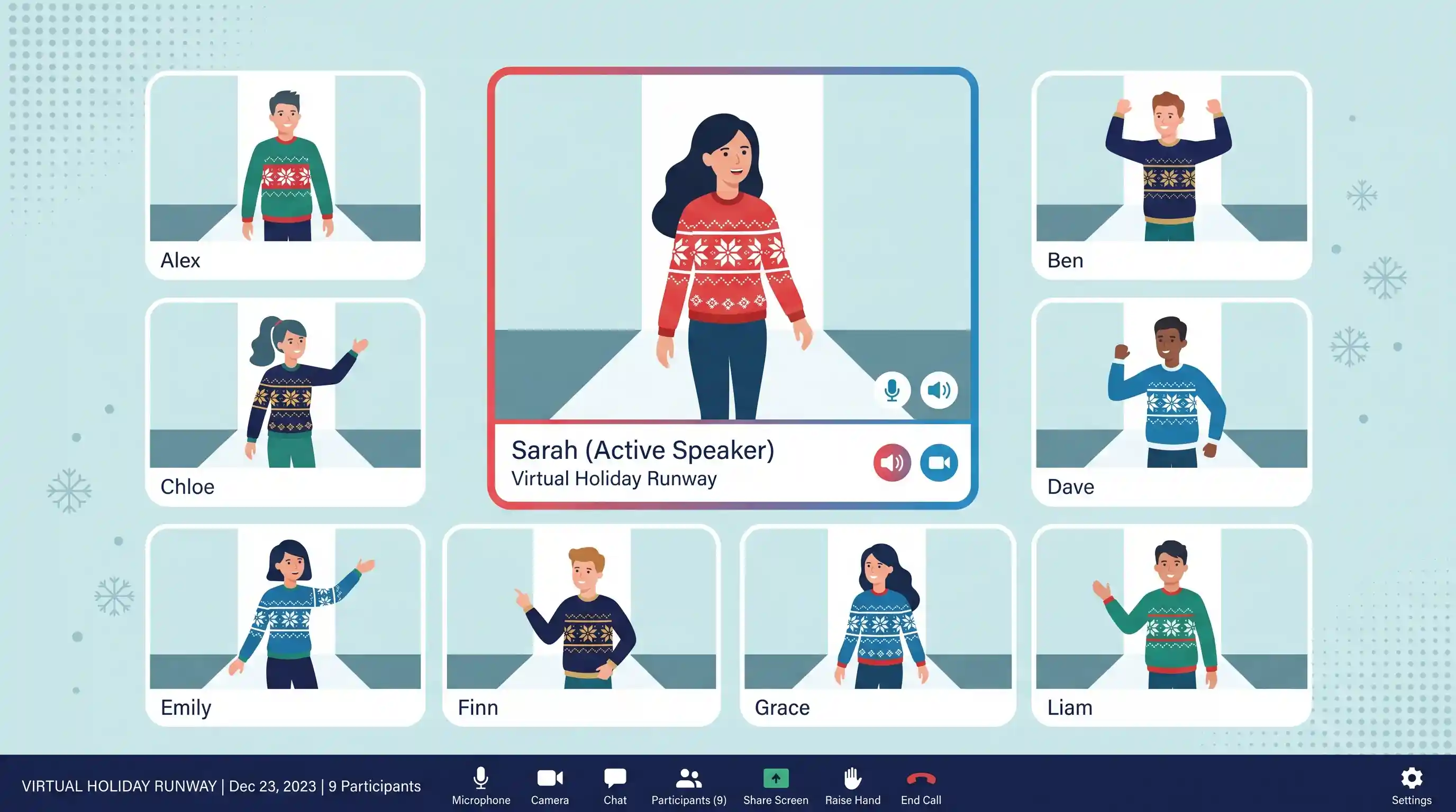 Stylized virtual video call grid showing illustrated team avatars wearing festive sweaters in an online runway walk