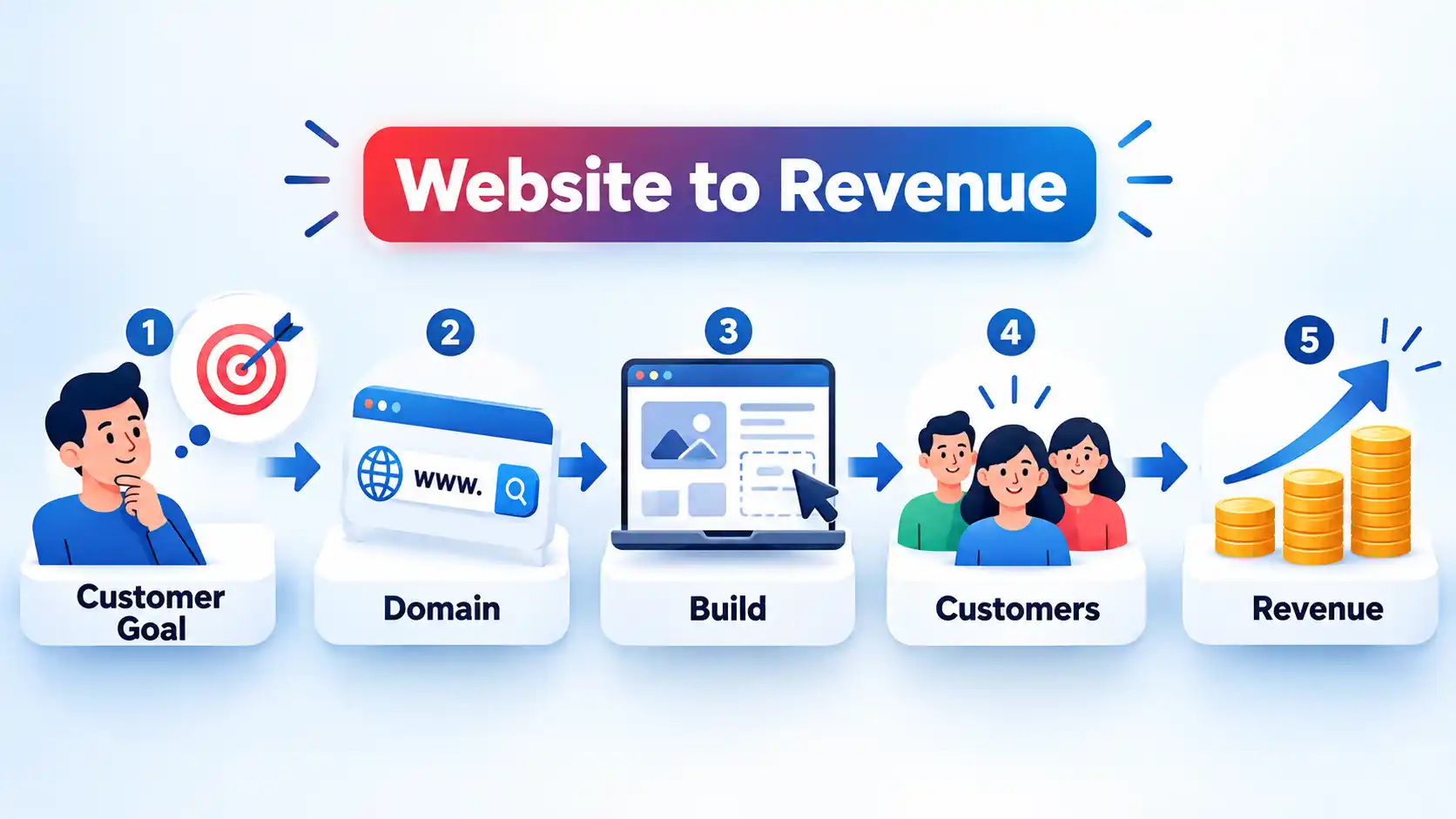 Website to Revenue infographic showing five connected steps: Customer Goal, Domain, Build, Customers, and Revenue.