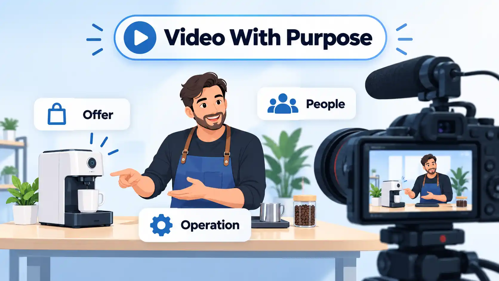 Camera filming a presenter demonstrating a coffee machine, with Offer, Operation, People and Video With Purpose labels.