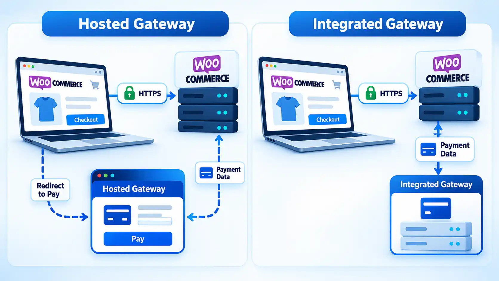 Hosted Gateway and Integrated Gateway WooCommerce checkout flows showing HTTPS and payment data paths