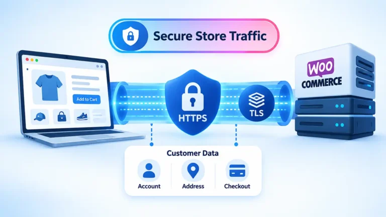 WooCommerce store connected through HTTPS and TLS with protected account, address, and checkout customer data