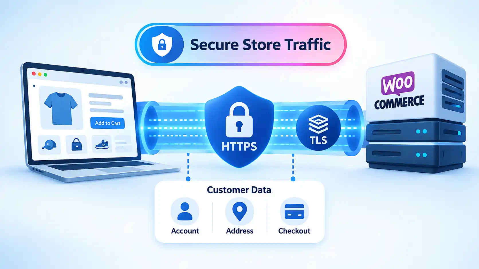 WooCommerce store connected through HTTPS and TLS with protected account, address, and checkout customer data
