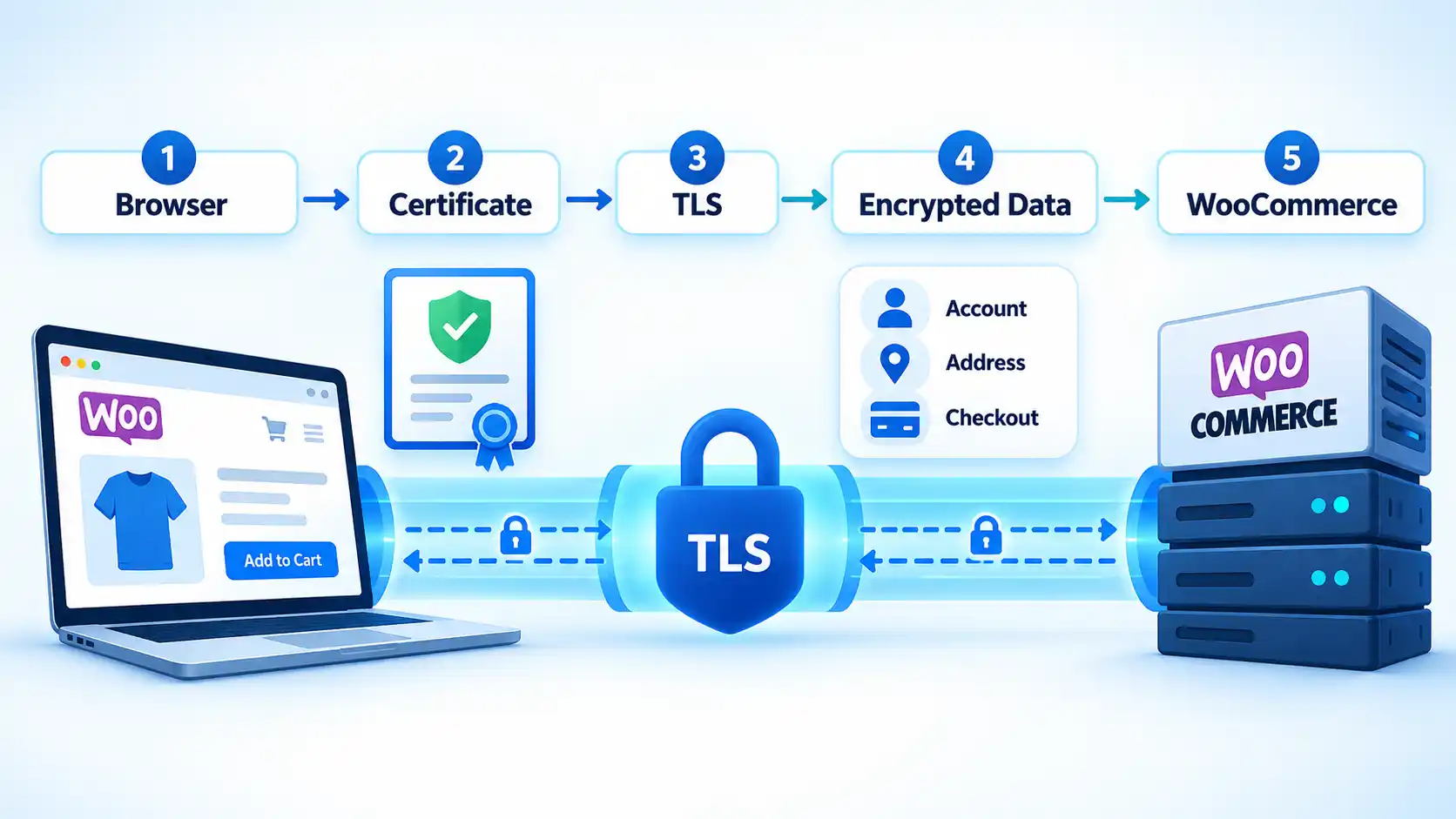 Five-step WooCommerce flow from Browser and Certificate through TLS and Encrypted Data to WooCommerce