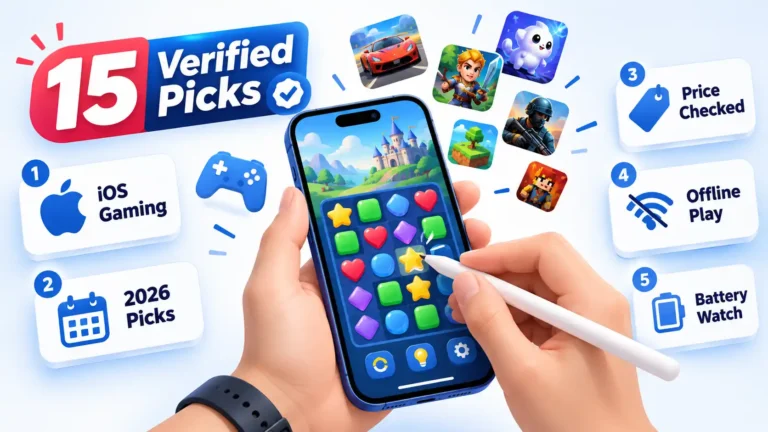 iPhone puzzle game with stylus, floating game icons, 15 Verified Picks badge, and five numbered iOS gaming feature cards.