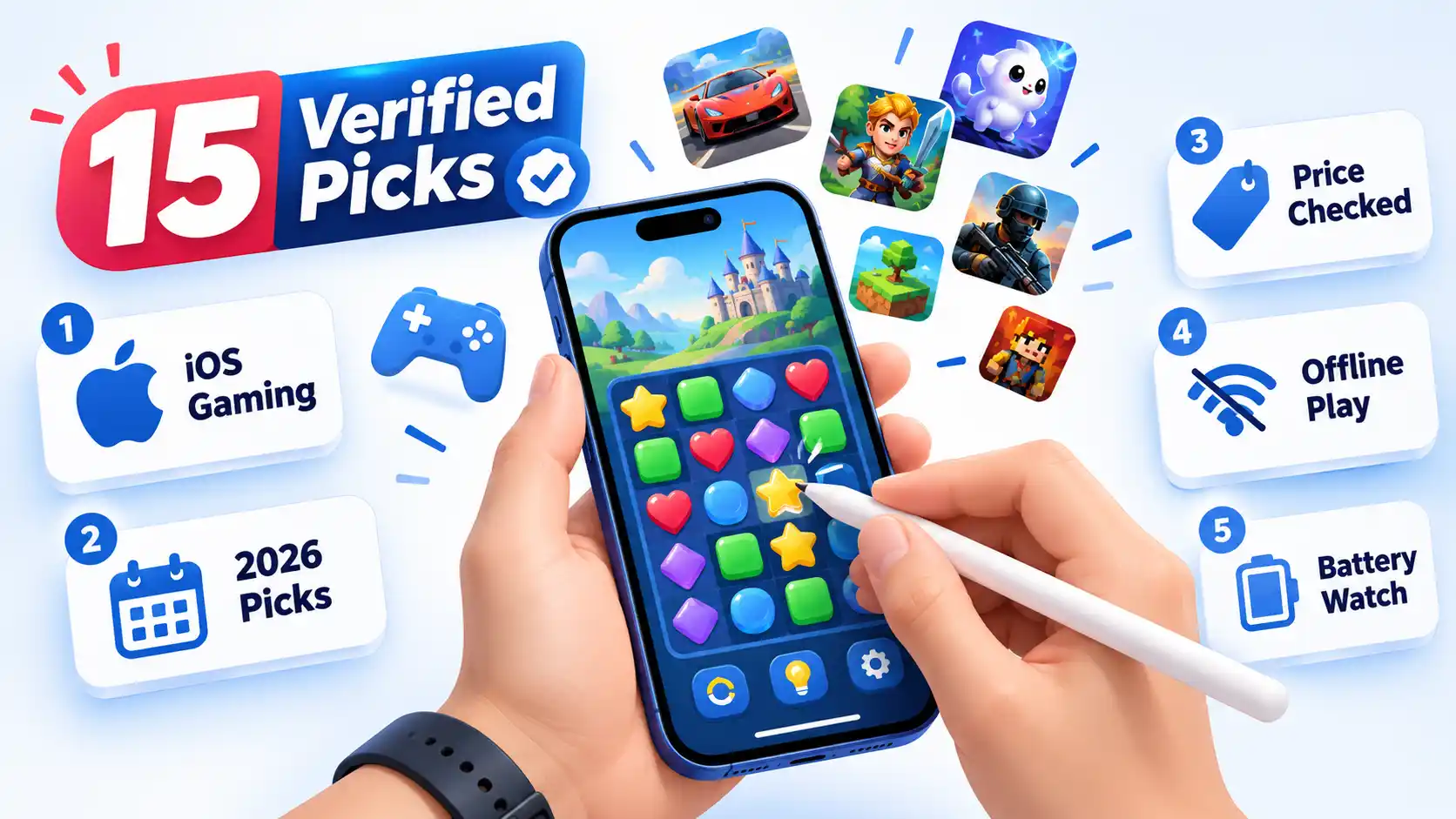 iPhone puzzle game with stylus, floating game icons, 15 Verified Picks badge, and five numbered iOS gaming feature cards.