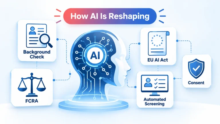 AI-powered human profile connected to Background Check, FCRA, EU AI Act, Automated Screening, and Consent cards.
