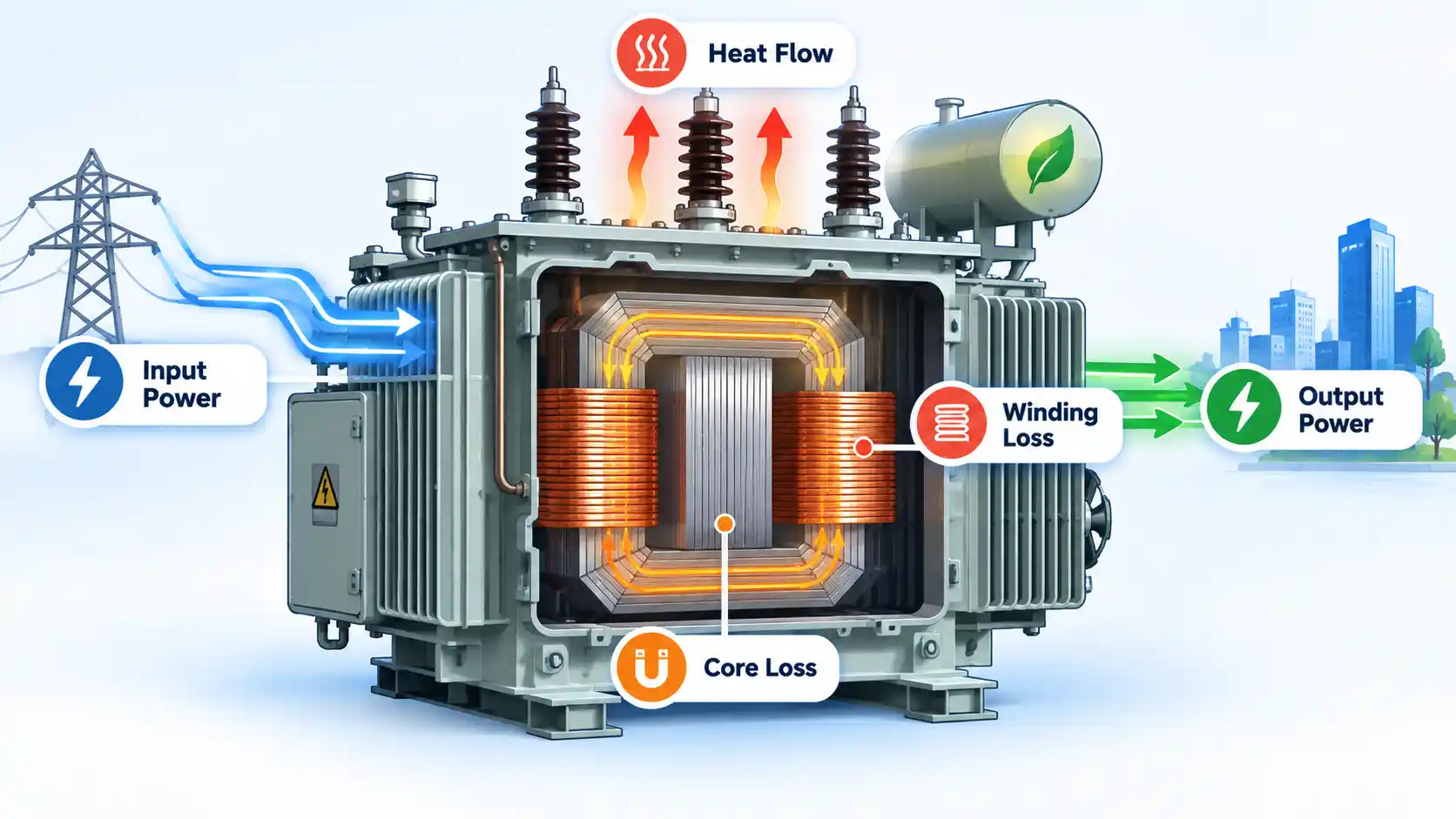 Cutaway transformer showing Input Power, Core Loss, Winding Loss, Heat Flow, and Output Power.
